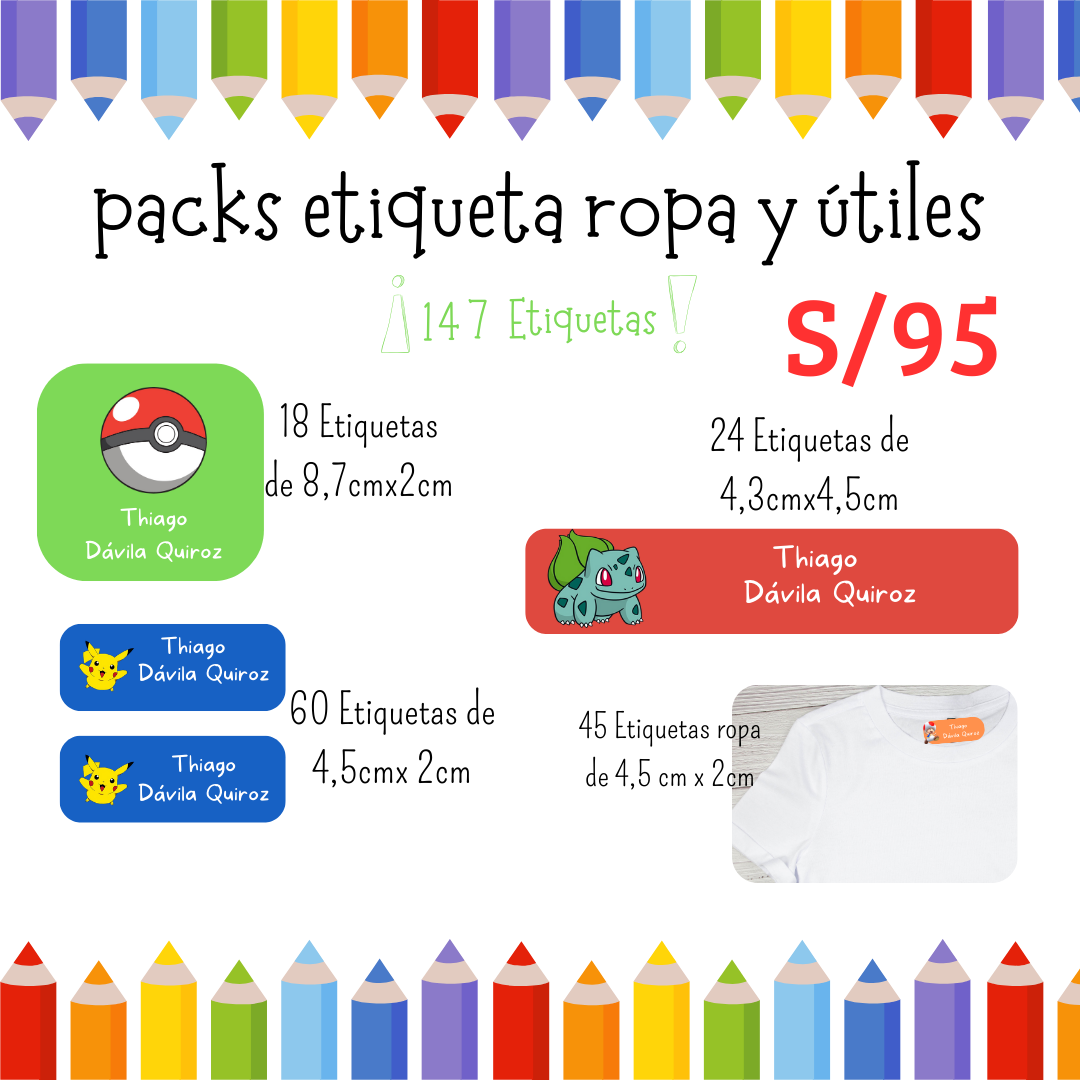 PACKS ETIQUETAS ROPA Y UTILES